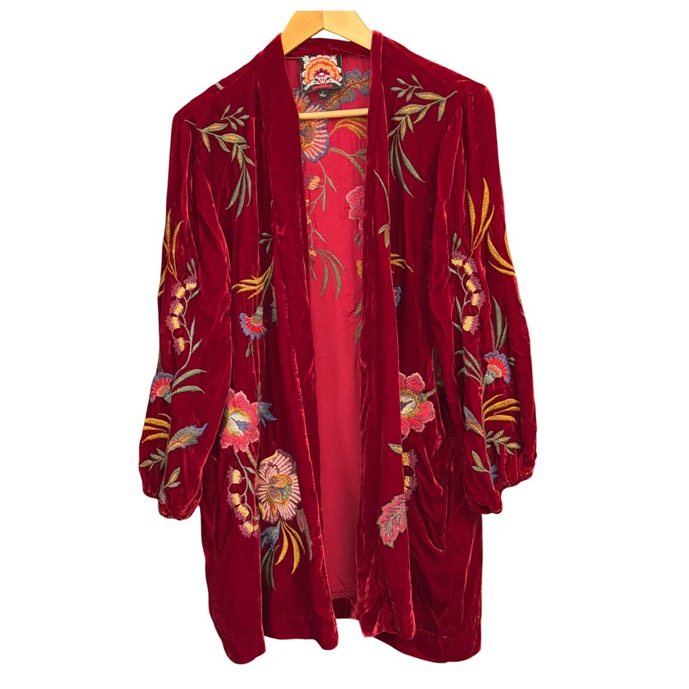 Johnny Was Velvet Kimono Jacket Boho Embroidered Whimsigoth Floral Fallcore